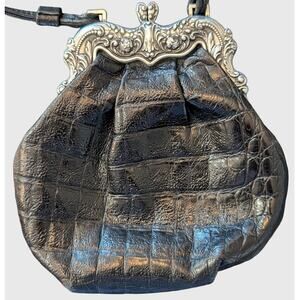 Brighton One World Black Croc Embossed Leather Kiss Lock Crossbody Bag